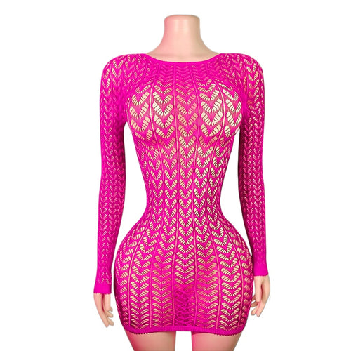 Hot pink fishnet mini dress on mannequin – white background