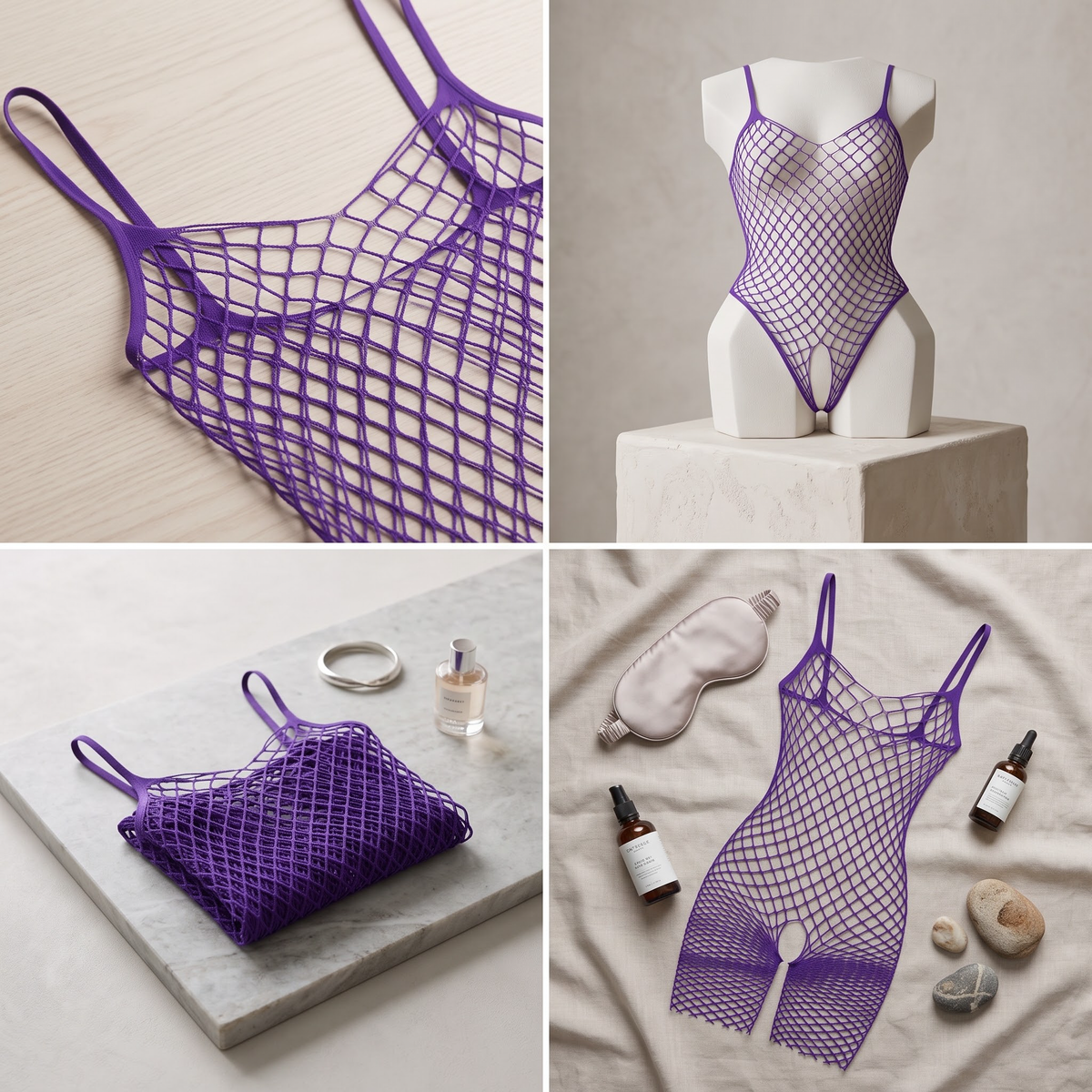 Purple Large Fishnet Open Crotch Bodystocking – Spaghetti Strap Lingerie