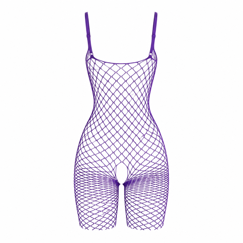 Purple Large Fishnet Open Crotch Bodystocking – Spaghetti Strap Lingerie