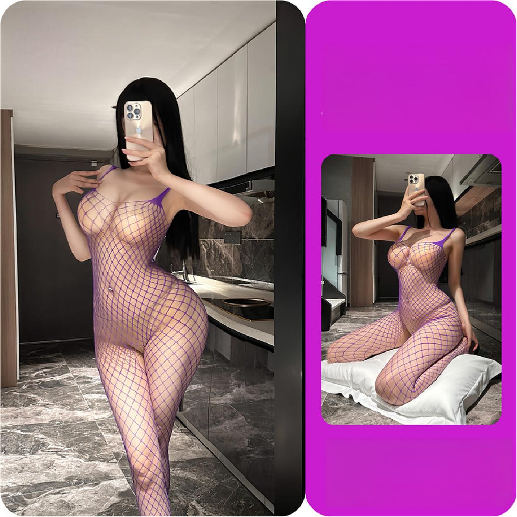 Purple Large Fishnet Open Crotch Bodystocking – Spaghetti Strap Lingerie
