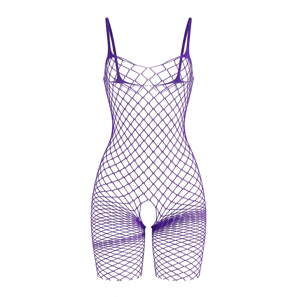 Purple Large Fishnet Open Crotch Bodystocking – Spaghetti Strap Lingerie